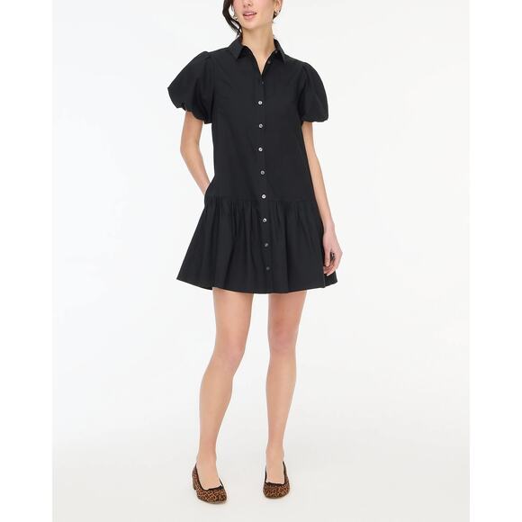 NWOT J.Crew Factory Bubble-Sleeve Button Front Mini Shirt-Dress In Black Size 4 - Picture 1 of 8